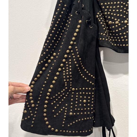 Free People Black Suede Leather Jacket Studs Women’s Size XS Flared Sleeves READ - Picture 4 of 16